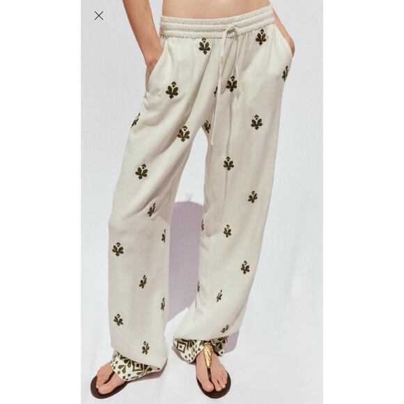 ZARA Embroidered Wide Leg Linen Blend Pant Cream Green NEW Size XS - Picture 1 of 6